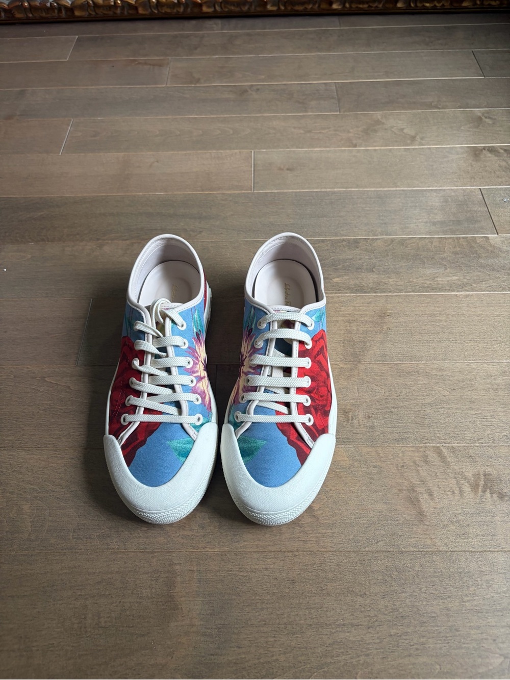 Salvatore Ferragamo Borg Floral Canvas Lace-Up Sneakers in Blue, Red, Pink 8.5